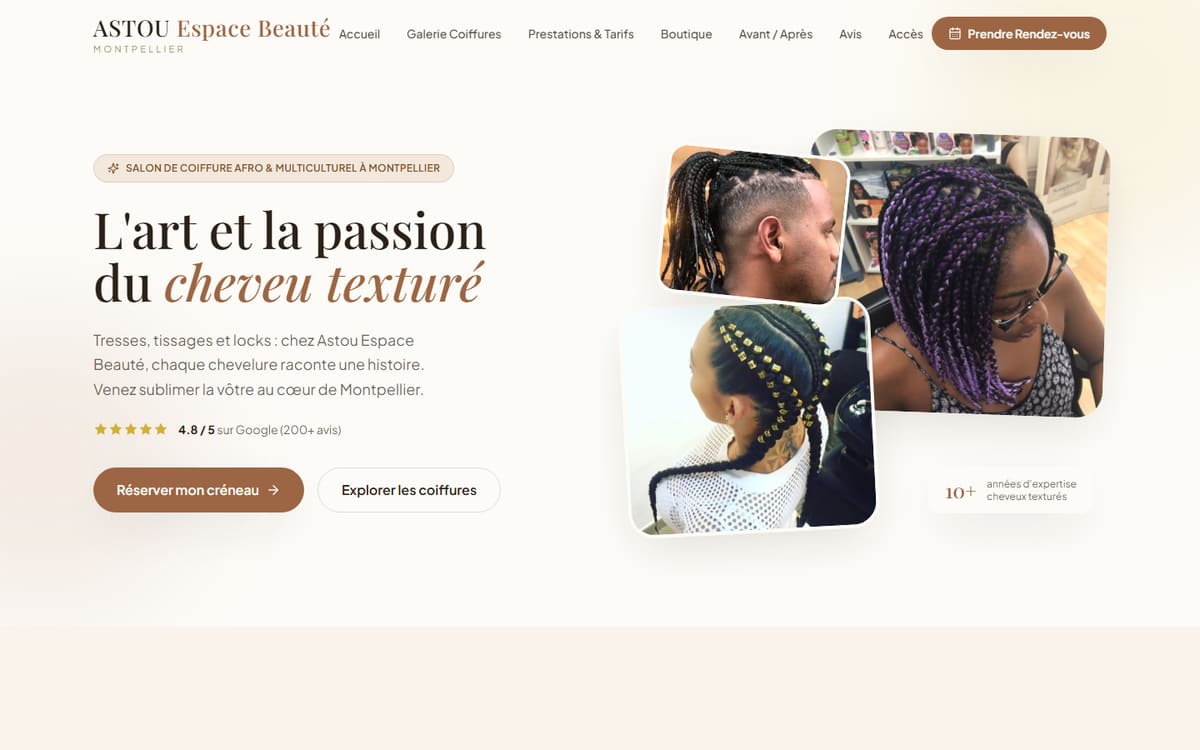 Capture de la page d’accueil du site officiel de Astou Espace Beauté