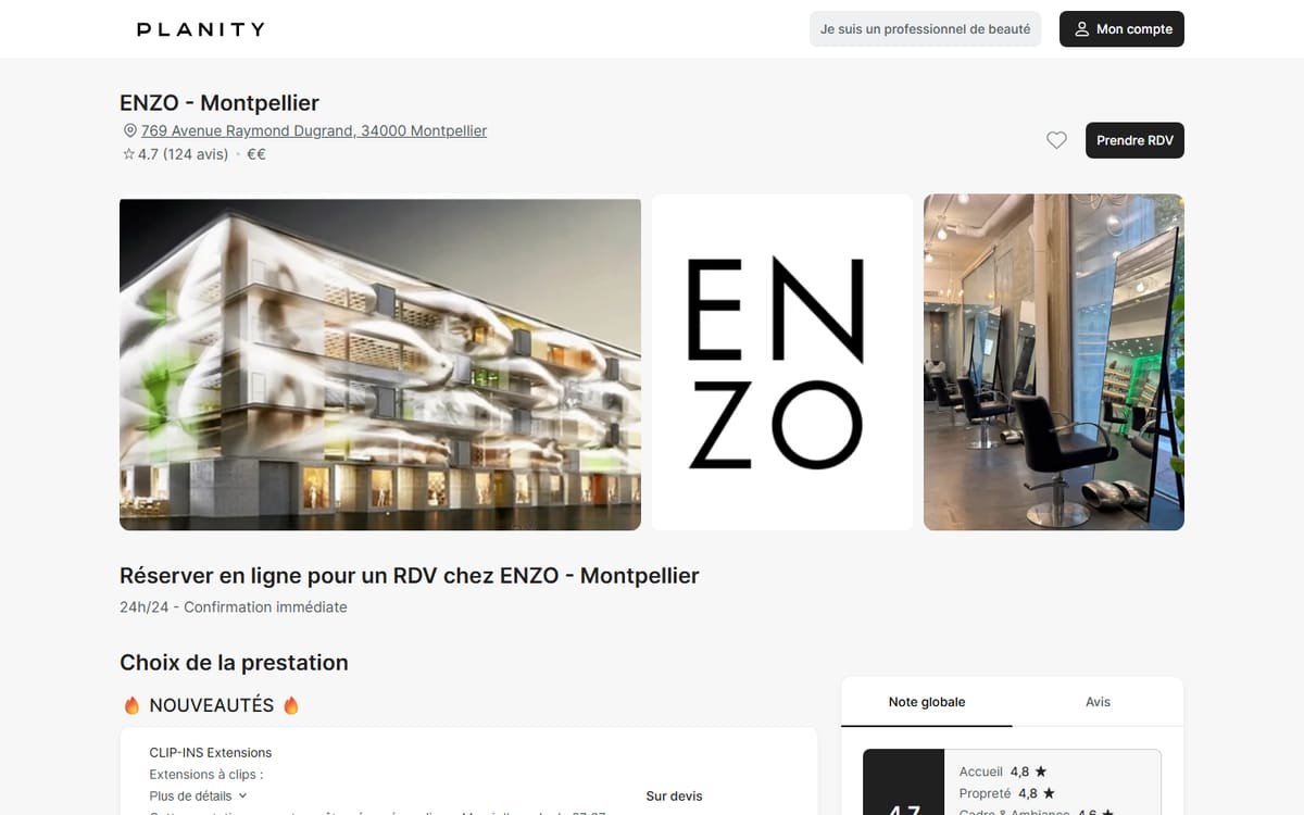 Capture de la page de réservation en ligne de ENZO