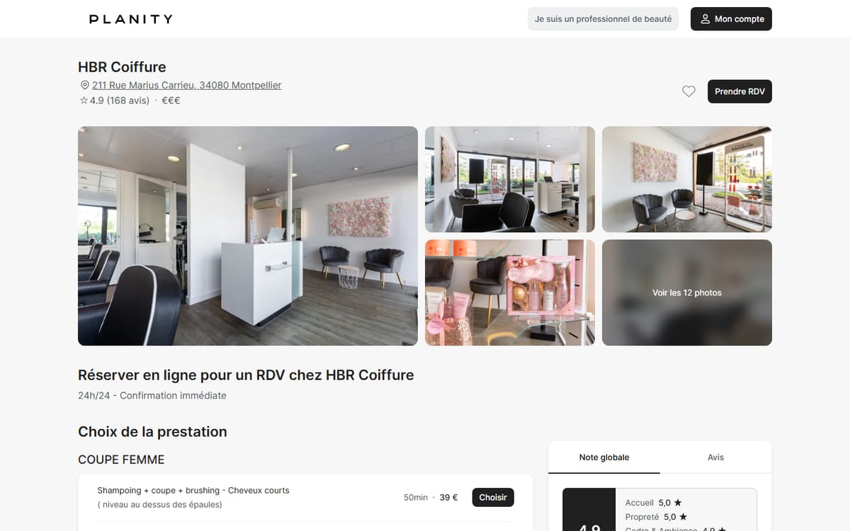Capture de la page de réservation en ligne de HBR Coiffure - Salon pour femmes et enfants à Montpellier