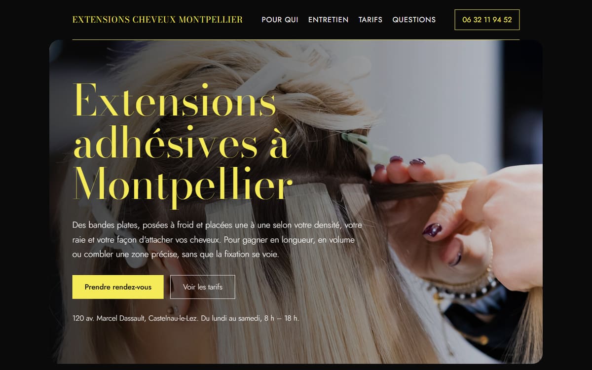 Capture de la page d’accueil du site officiel de Institut Extensions Cheveux Montpellier