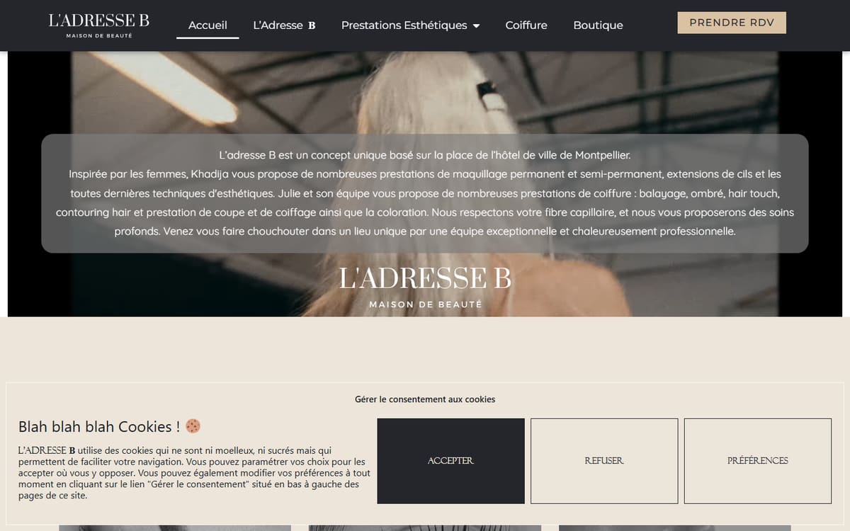 Capture de la page d’accueil du site officiel de L'Adresse B, Salon de Coiffure et Esthétique.