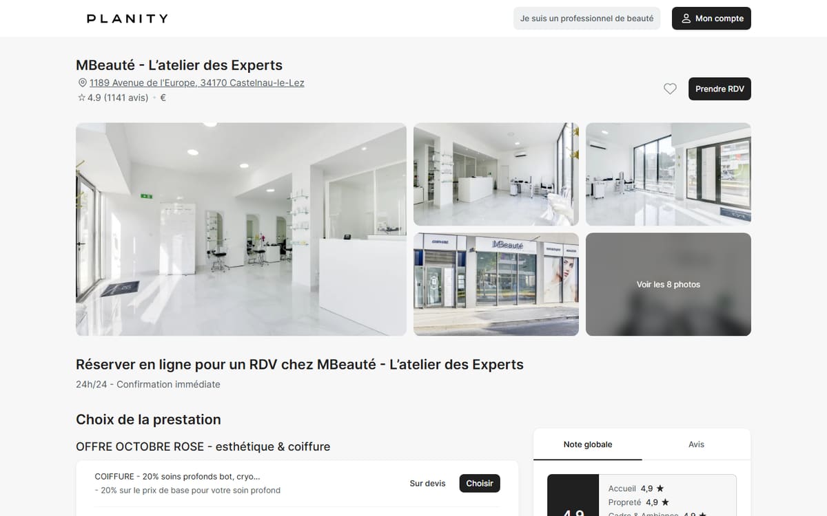 Capture de la page de réservation en ligne de MBeauté esthétique - coiffure